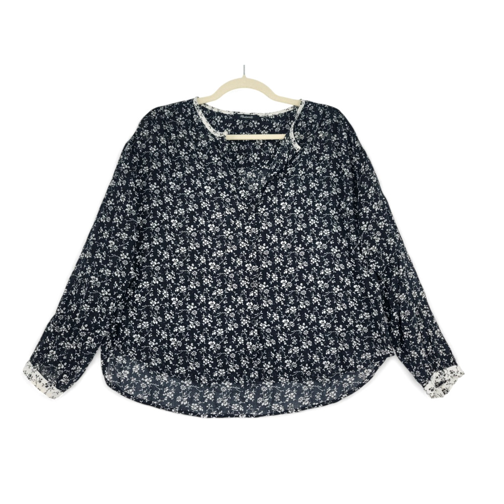 Madewell Womens Small Blouse Floral Lightweight Rayon Black White Boho